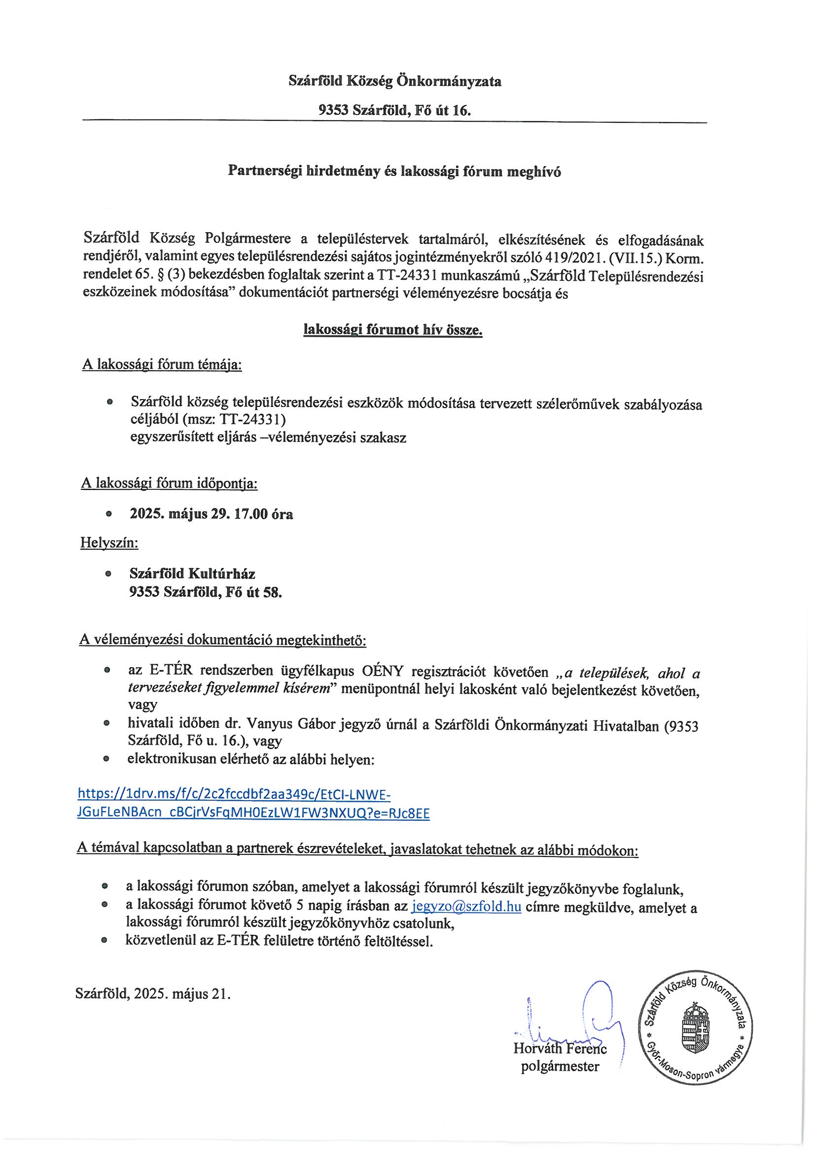 PARTNERSÉGI Hirdetmény - Szárföld Szélerőműpark